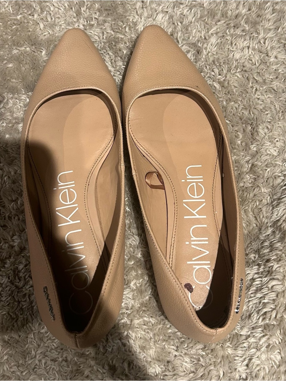 Calvin Klein Beige Pointed-Toe Leather Flats